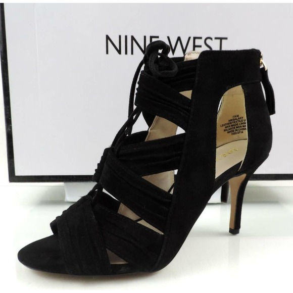 Nine West GALAXY Peep-Toe Lace-up Mid Heel Sandals Back Zip Suede Black Size 7.5 - Picture 4 of 8